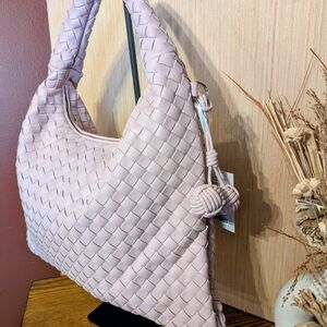 Stylish Woven Tote Light Mauve Crossbody Strap Included.